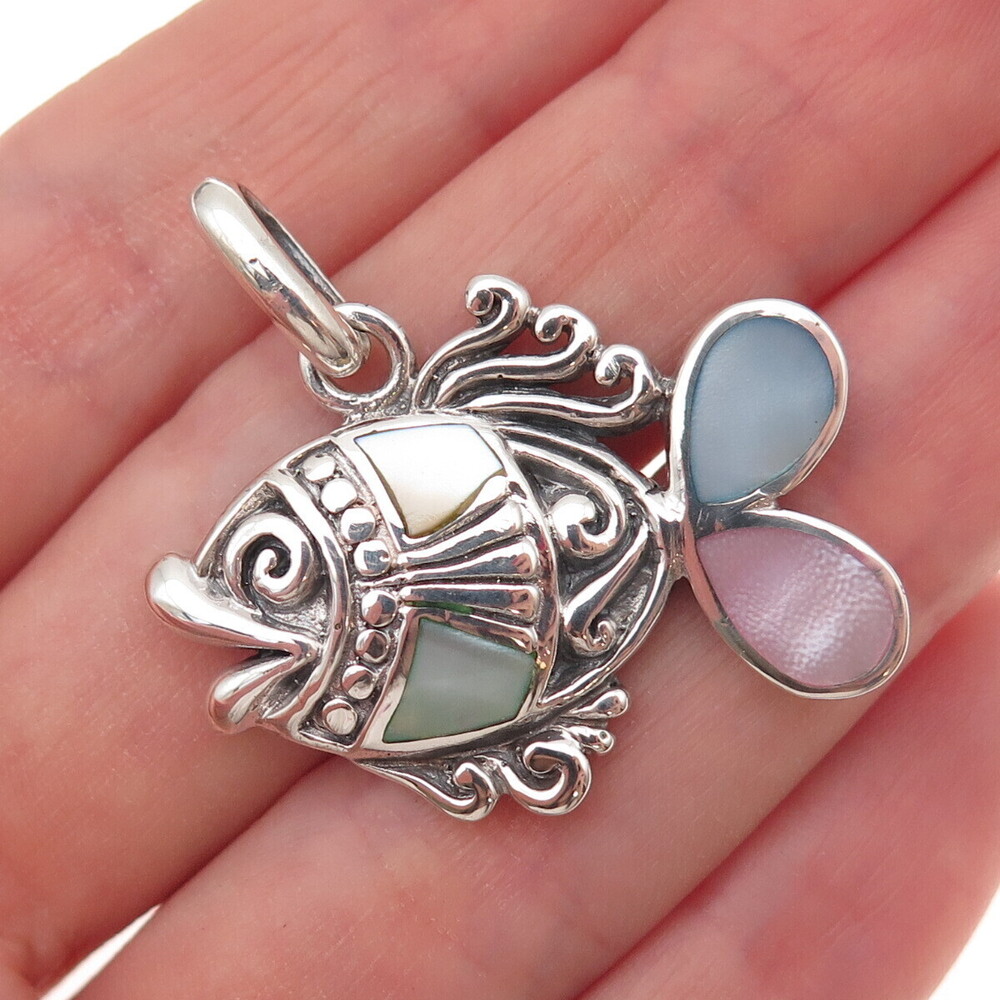 925 Sterling Silver Vintage Real Multi-Color MOP Fish Oxidized Charm Pendant